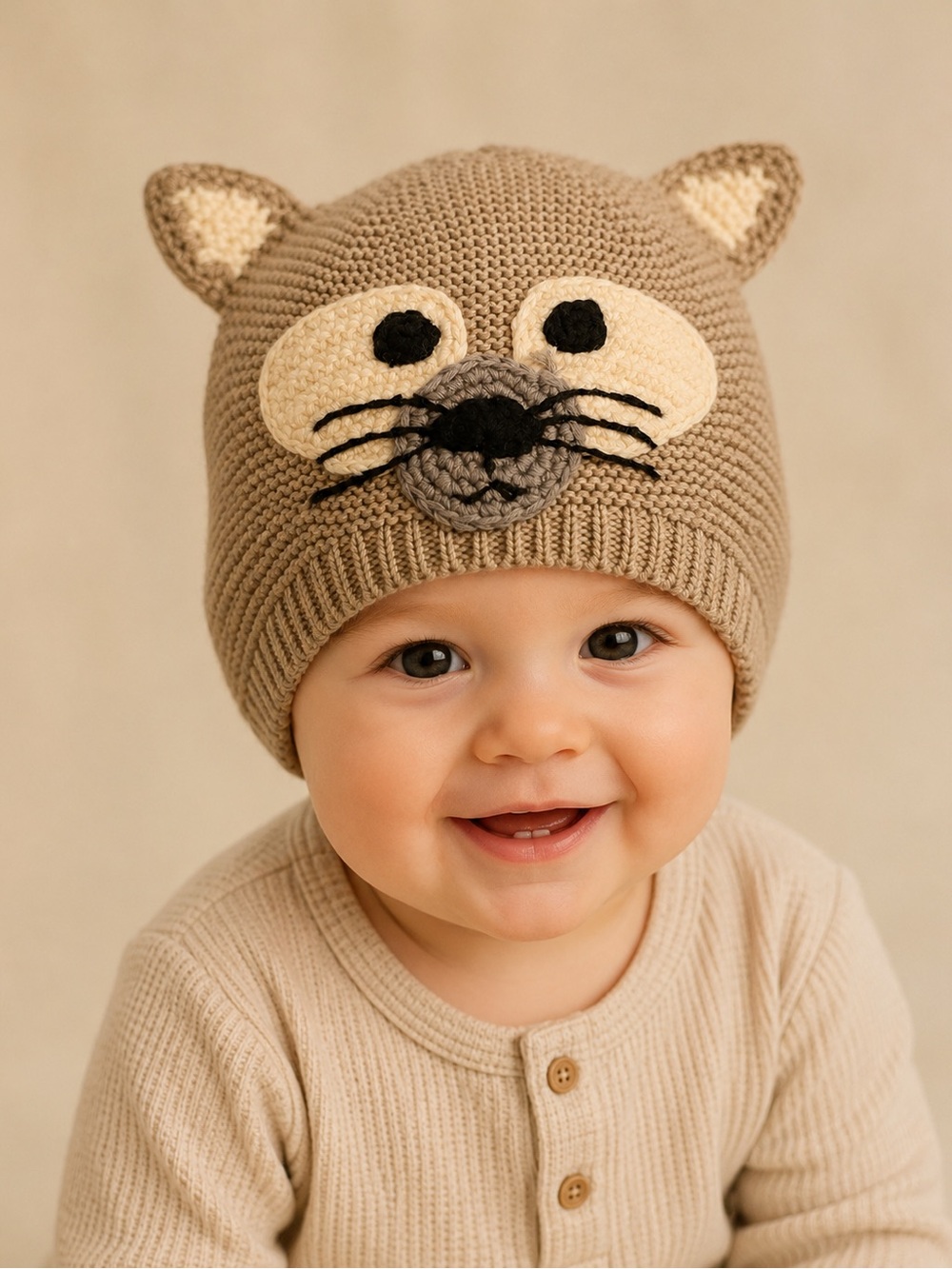 Kids Knit Cat Beanie Hat Crochet Face Ears Taupe Gray Cute Animal Winter Hat